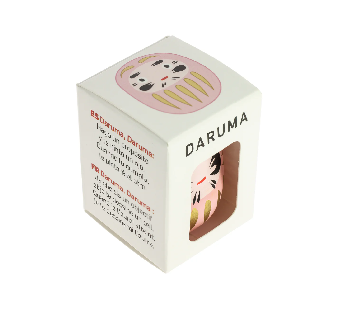 Caja regalo, daruma rosa, fondo blanco